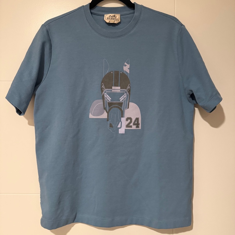 Hermès Men’s "Quarterb'H" Sky Blue Cotton Crewneck T-shirt Size Small